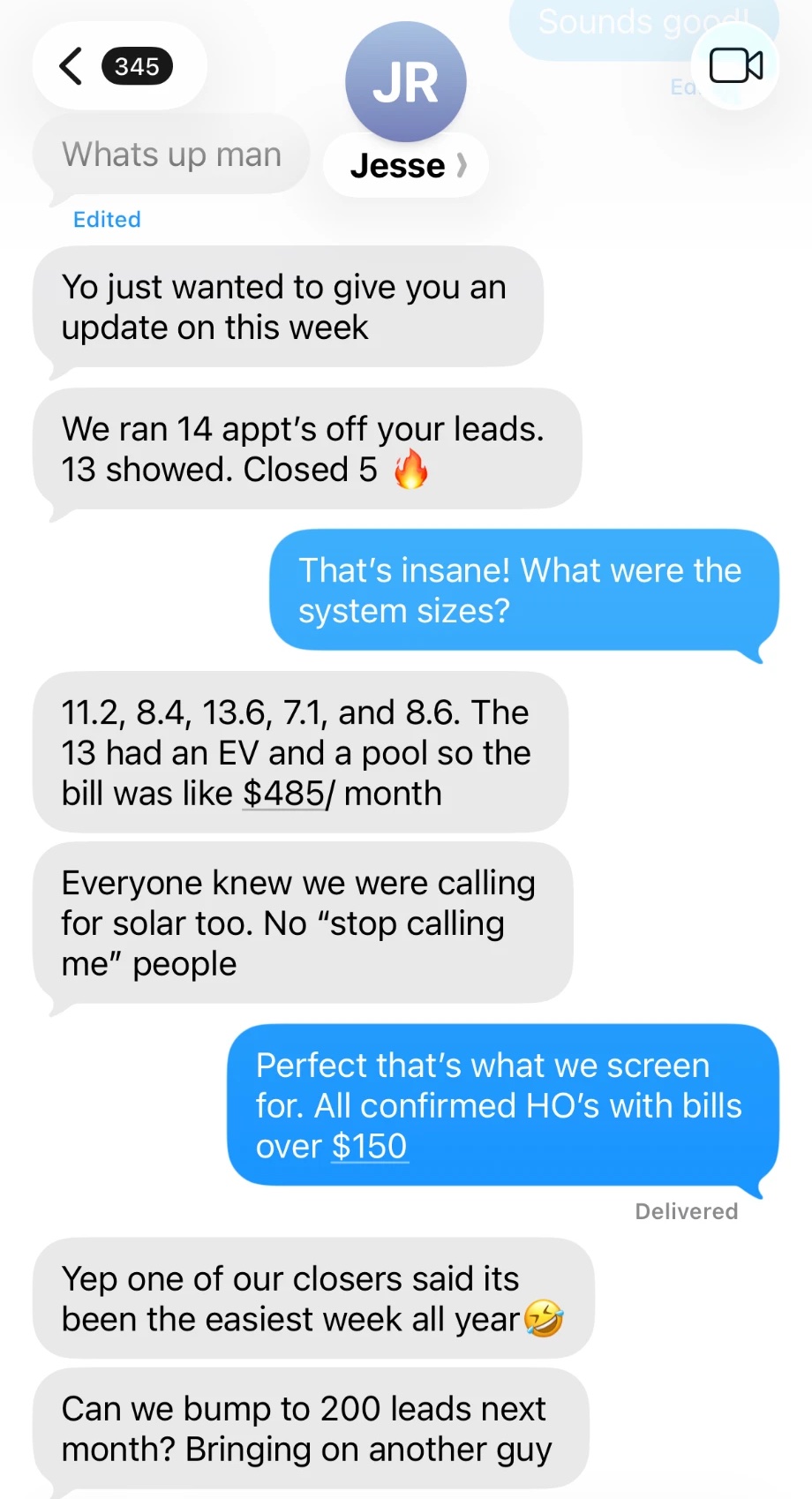 Text message from a customer about a solar job